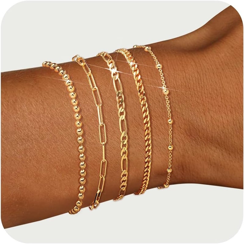 adoyi Gold Bracelets for Women, 14K Gold Plated Stackable Bracelet Stack Set Adjustable Charm Paperclip Chain Cuban Link Layered Waterproof Jewelry Sets Gifts for Womens 6.0/6.8/7.2" - Image 1